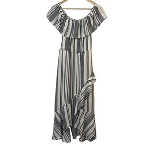Maurices Off The Shoulder Maxi Dress Sz XS White Black Stripe Ruffle High Low
